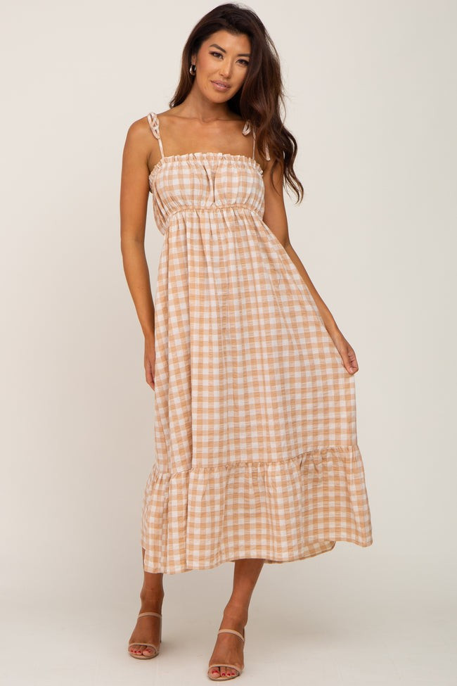 Taupe Gingham Square Neck Tie Strap Midi Dress | PinkBlush Maternity