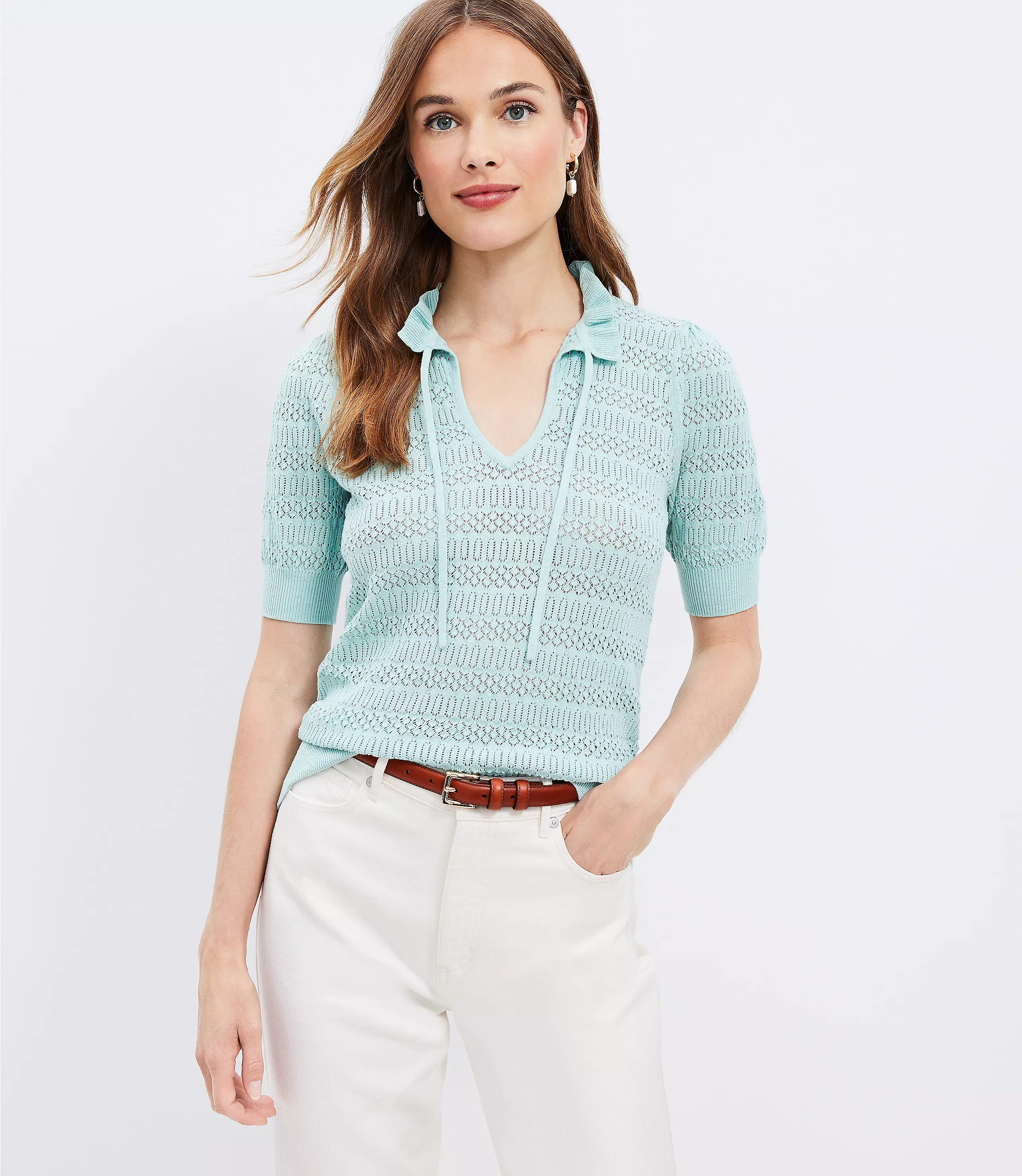 Pointelle Tie Neck Sweater Tee | LOFT