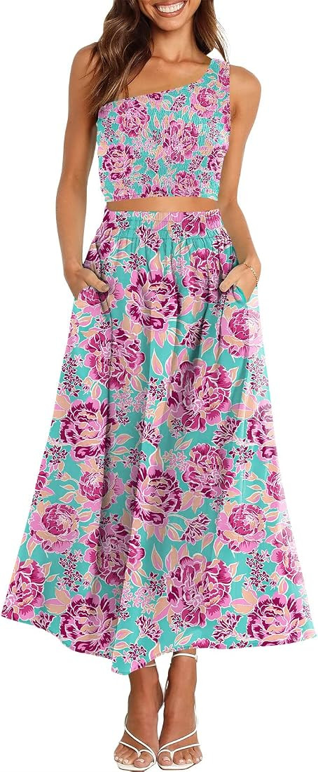 ANRABESS Women's 2 Pieces Outfits One Shoulder Smocked Crop Top & High Waist Long Skirt Dress Set... | Amazon (US)