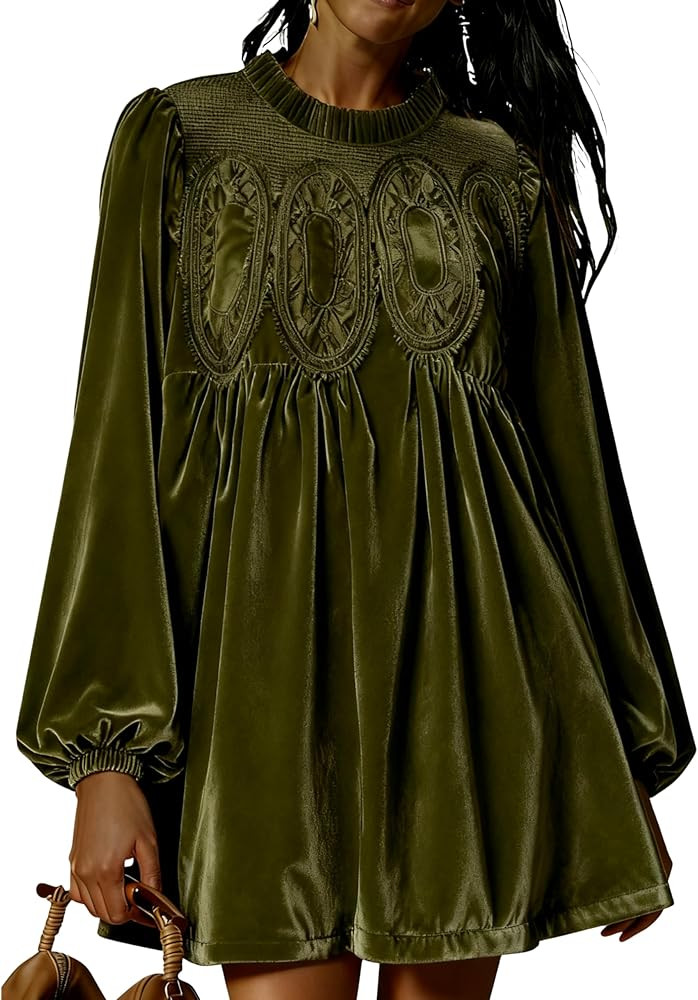 Huaqiao Womens A-Line Velvet Lace Overall Pleated Babydoll Mini Dress Casual Scallop Neck Flared ... | Amazon (US)