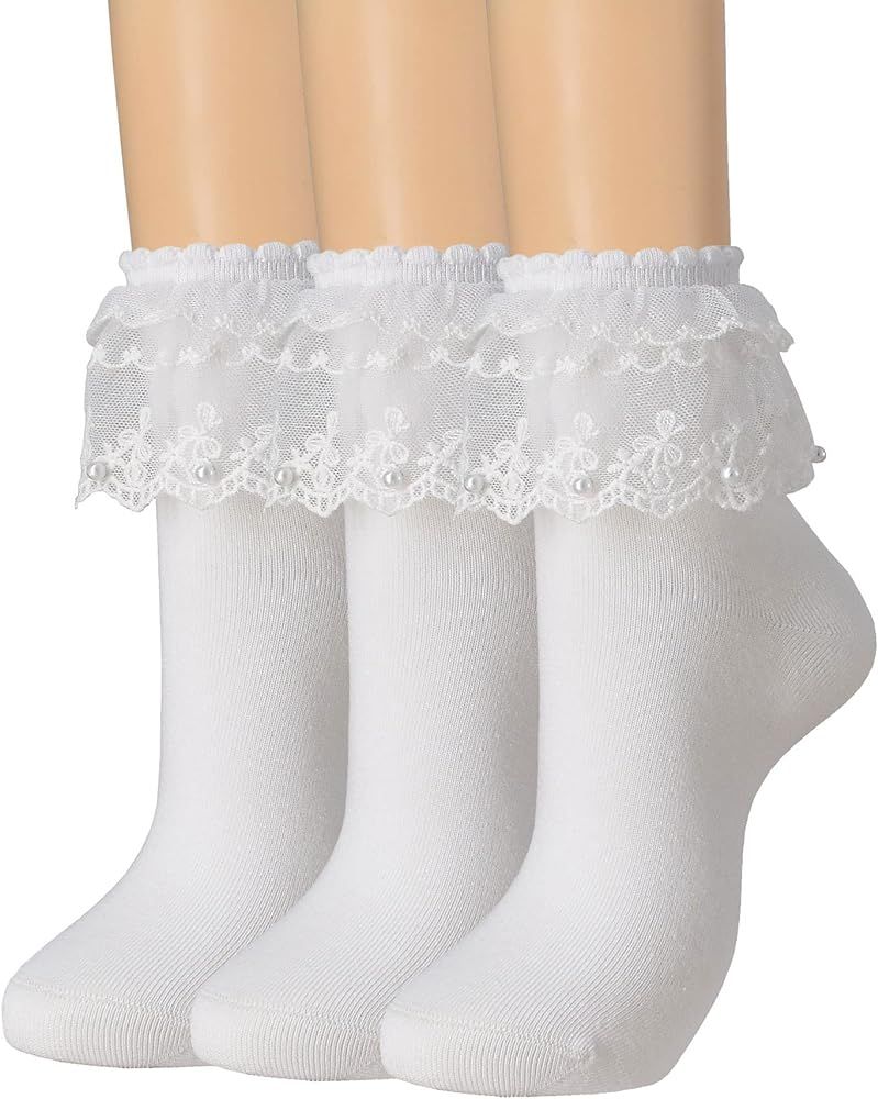SRYL Women Ankle Socks, Pearls Lace Ruffle Frilly Comfortable Cute Cotton Socks Ladies Girl Princ... | Amazon (US)