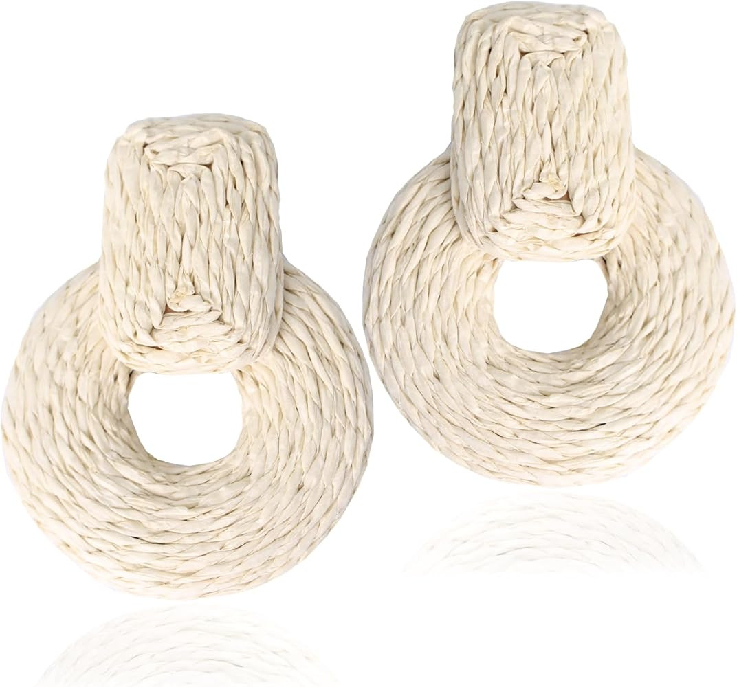Handmade Statement Raffia Earrings Cute Boho Rattan Dangle Earrings Lightweight Straw Wrap Summer... | Amazon (US)