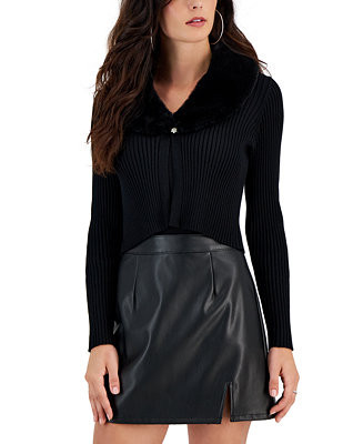 Taylor Women's Faux-Fur-Collar Rib-Knit Cardigan - Macy's | Macy's