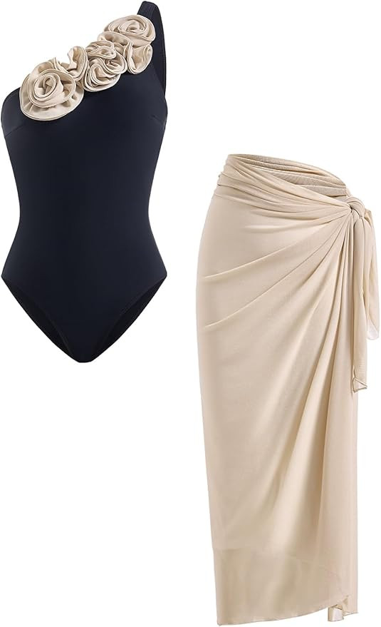 Women's 2 Piece Bathing Suit 3D Floral One Shoulder Swimsuit with Cover Up Skirt | Amazon (US)