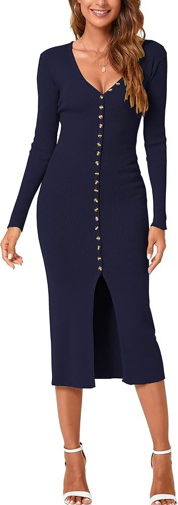 CMZ2005 Women's Button Down Long Sleeve Cardigan Outerwear Sweater Dress Bodycon Party Maxi Dress 60 | Amazon (US)