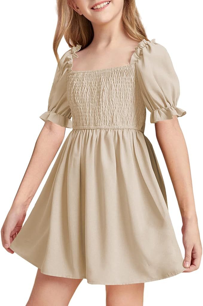LAOCERENCE Girls Summer Chiffon Ruffle Mini Dress Square Neck Lantern Short Sleeve Smocked Dress | Amazon (US)