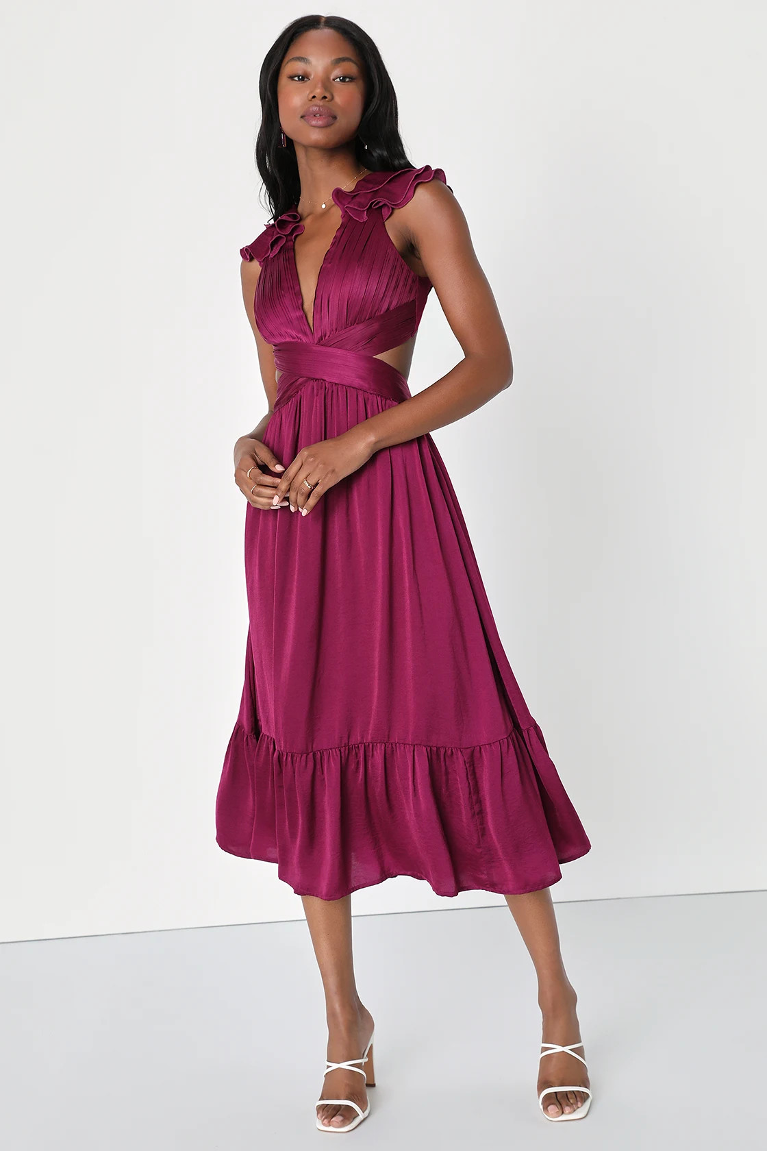 Polished Elegance Plum Purple Ruffled Lace-Up Midi Dress | Lulus