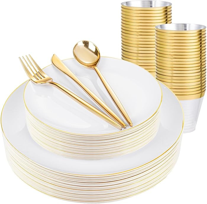 bUCLA 150PCS White and Gold Plastic Plates Disposable - 25 Guests Gold Dinnerware Set - Include 2... | Amazon (US)