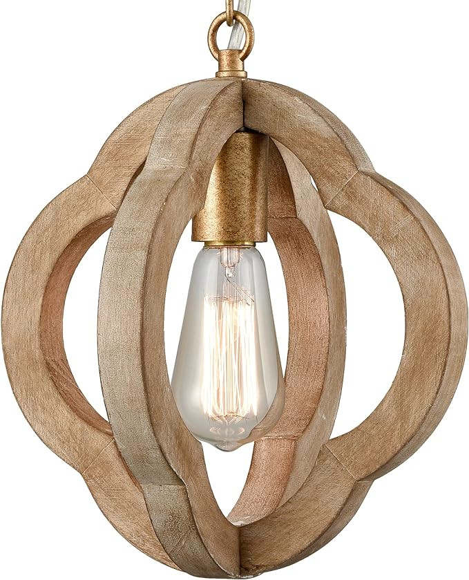 Farmhouse Wooden Pendant Light Fixture 1-Light Rustic Brown Wood Pendant Lighting for Kitchen Isl... | Amazon (US)