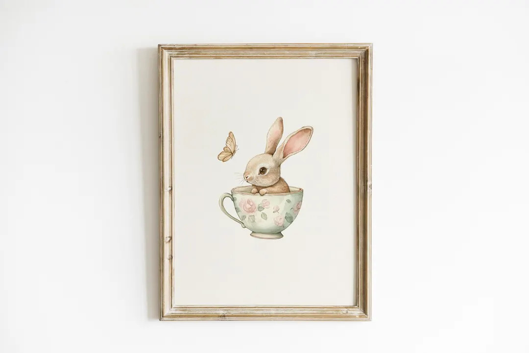 Vintage Bunny Tea Cup Nursery Art Print Bunny Watercolor Print Floral Bunny Nursery Printed and S... | Etsy (US)