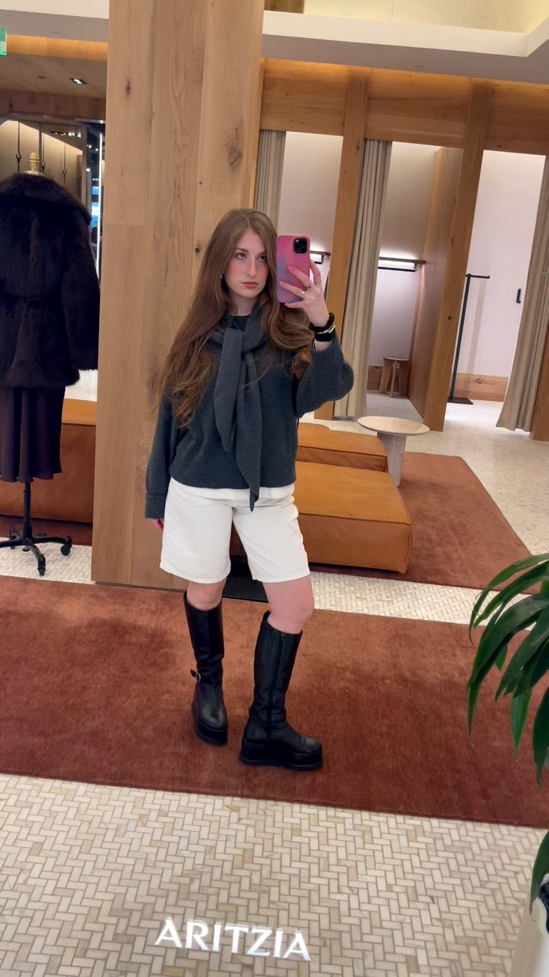 casual fall spring winter cute outfit with cashmere layer layering outfit perfect for cold weather with white jean shorts jorts leather boots knee high black boots moto boots 

#LTKootd #LTKgrwm #LTKWorkwear