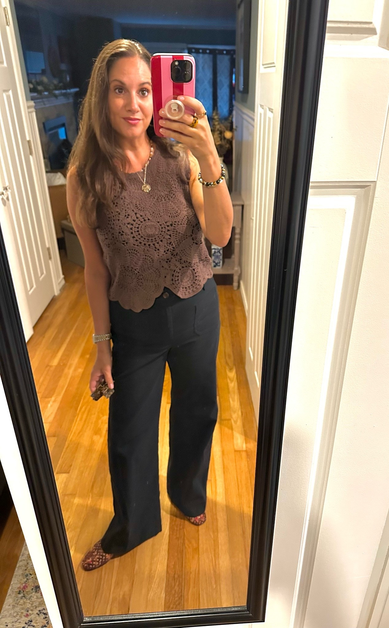 Brown and black office look // #abercrombie shell top, #jcrew pants, #stevemadden jellies 🤎🖤

#LTKootd #LTKWorkwear #LTKOver40
