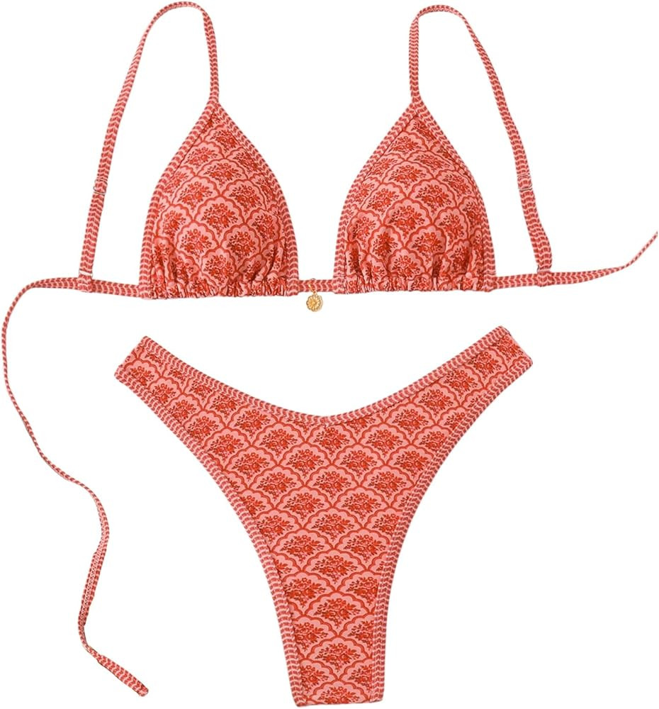 Women's 2 Piece Bikini Set Y2k Floral Triangle Tie Back Swimsuits Bathing Suit | Amazon (US)