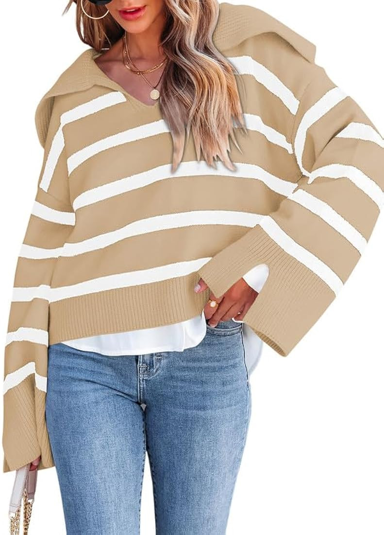SHEWIN Women's Casual Navy Collar Striped Long Sleeve Polo V Neck Knitted Pullover Sweater Tops | Amazon (US)