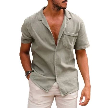 Dokotoo Men s Green Buttons Down Shirt Short Sleeve Basic Blouses V Neck with Pocket US 42(L) | Walmart (US)