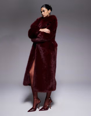 The Frolic exclusive faux fur maxi oversized collar maxi coat in dark cherry | ASOS | ASOS (Global)