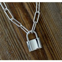 Solid 925 Sterling Silver Padlock Necklace Paperclip 5mm Width Clasp Front Closure All Lengths | Etsy (US)