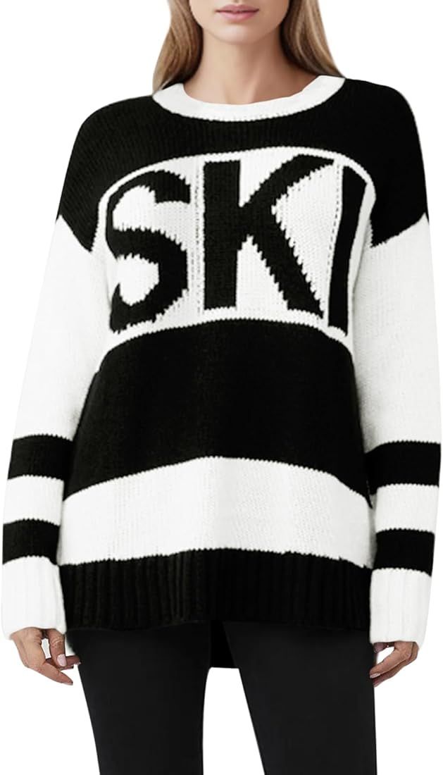 Women Color Block Ski Print Sweater Knit Oversized Crew Neck Long Sleeve Pullover Sweaters Tops | Amazon (US)