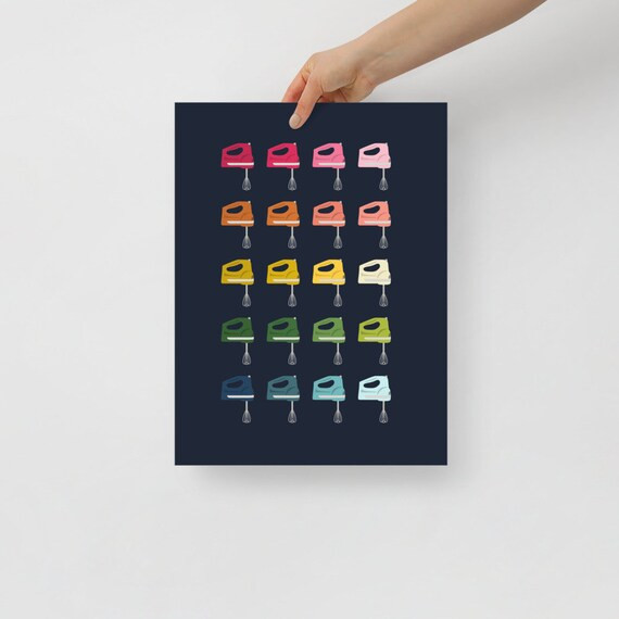 Kitchen Art: Colorful Hand Mixers Art Print with Navy Blue Background | Etsy (US)
