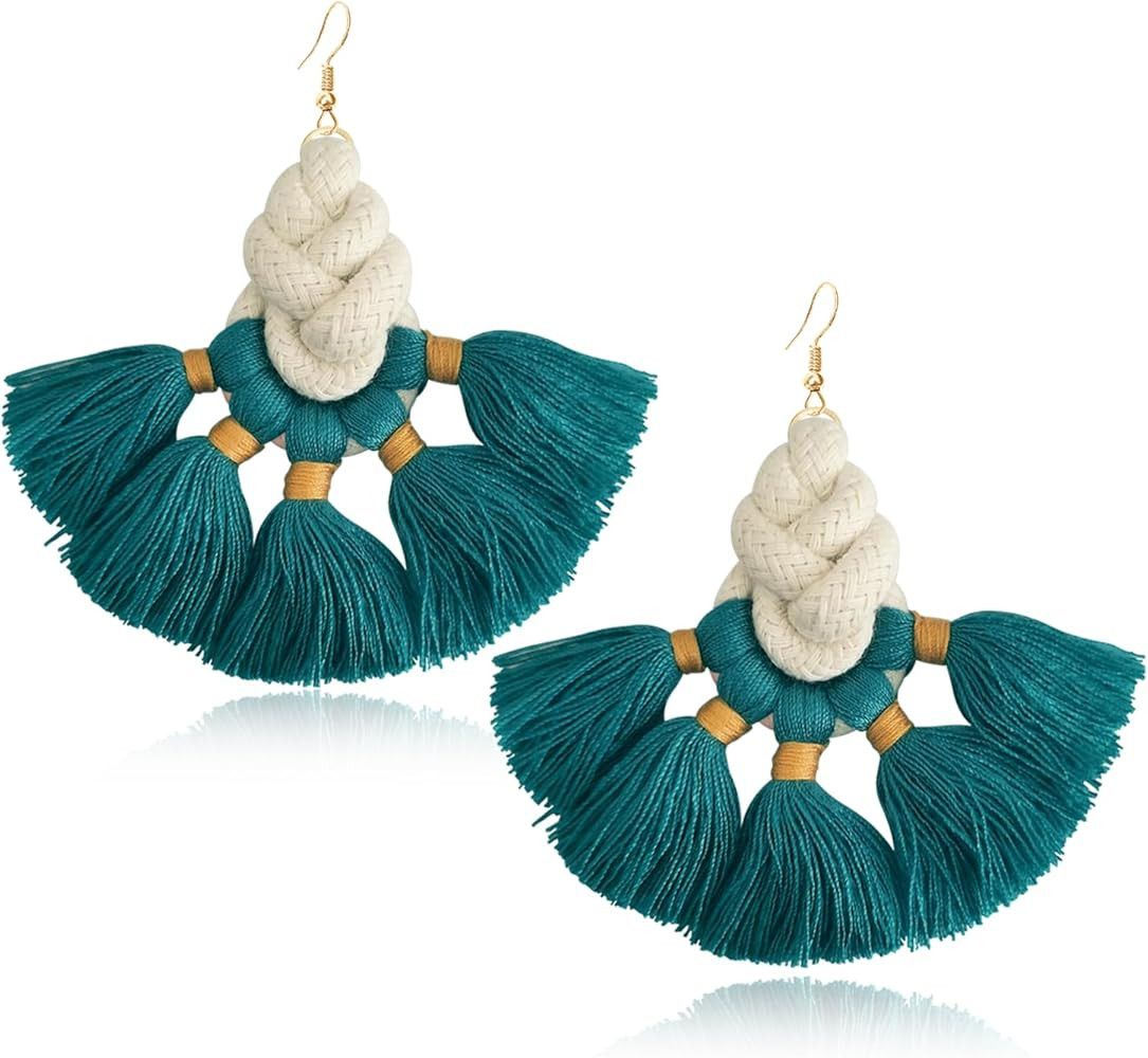 Handmade Bohemian Fan-shape Tassel Dangle Drop Earrings Creative Trendy Colorful Fringe Summer Be... | Amazon (US)
