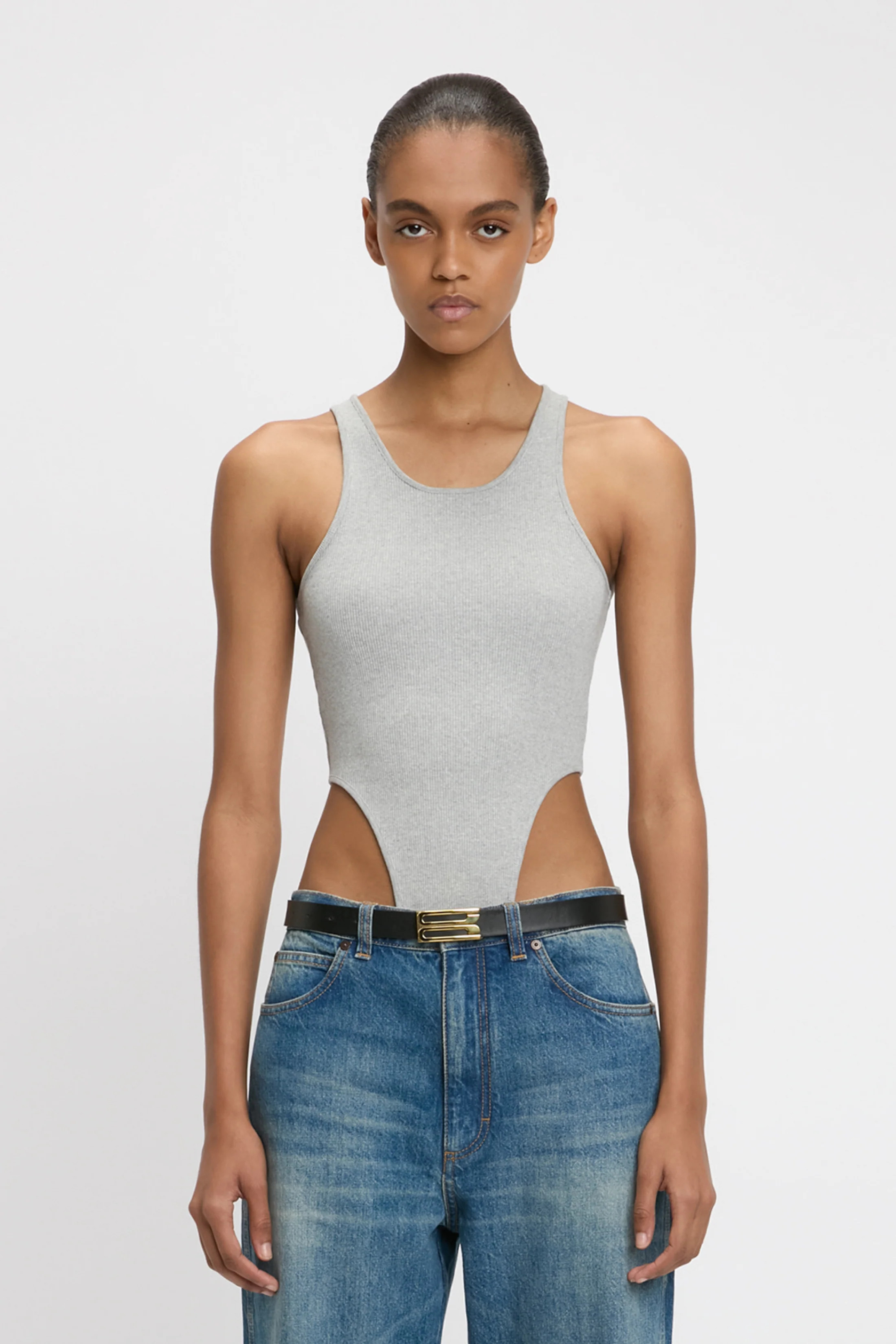 High Leg Bodysuit In Grey Marl | Victoria Beckham UK