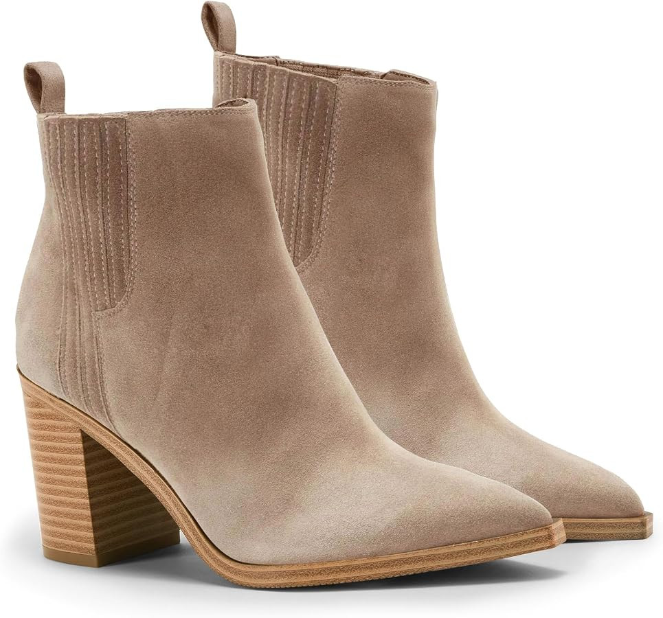 Coutgo Womens Ankle Boots Pointed Toe Chunky Heel Suede Dress Booties | Amazon (US)
