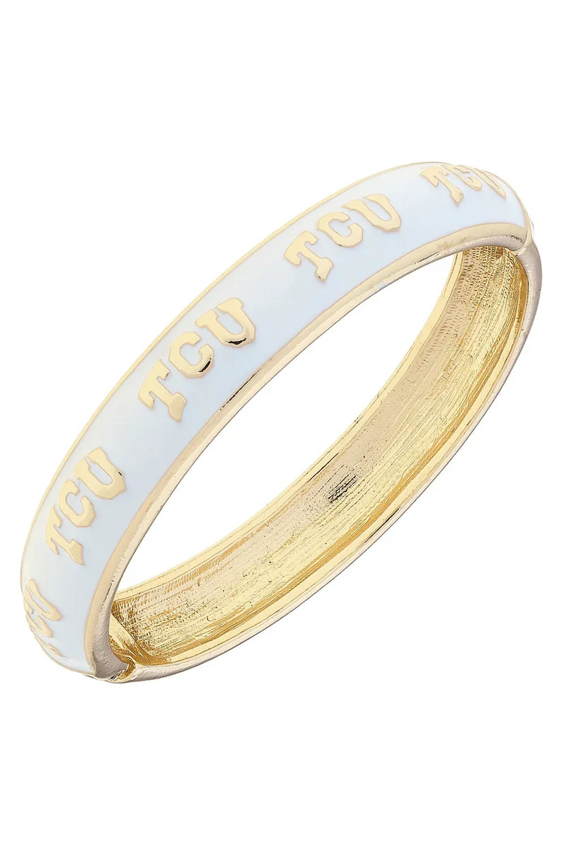 TCU Horned Frogs Sculpted Enamel Logo Hinge Bangle in White | CANVAS