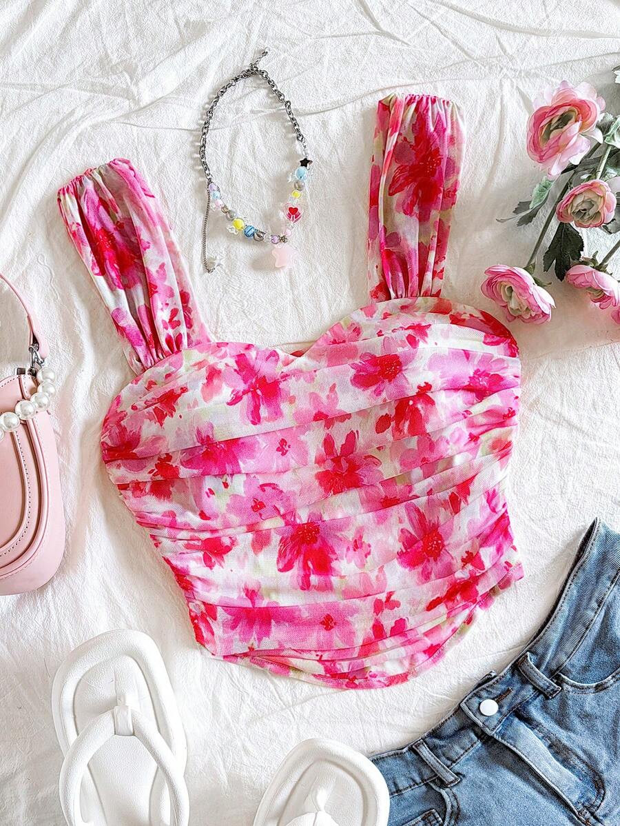 Dreamara Women's Summer Vacation Romantic Pink Floral Print Asymmetrical Hem Ruffle Slim Fit Cami... | SHEIN