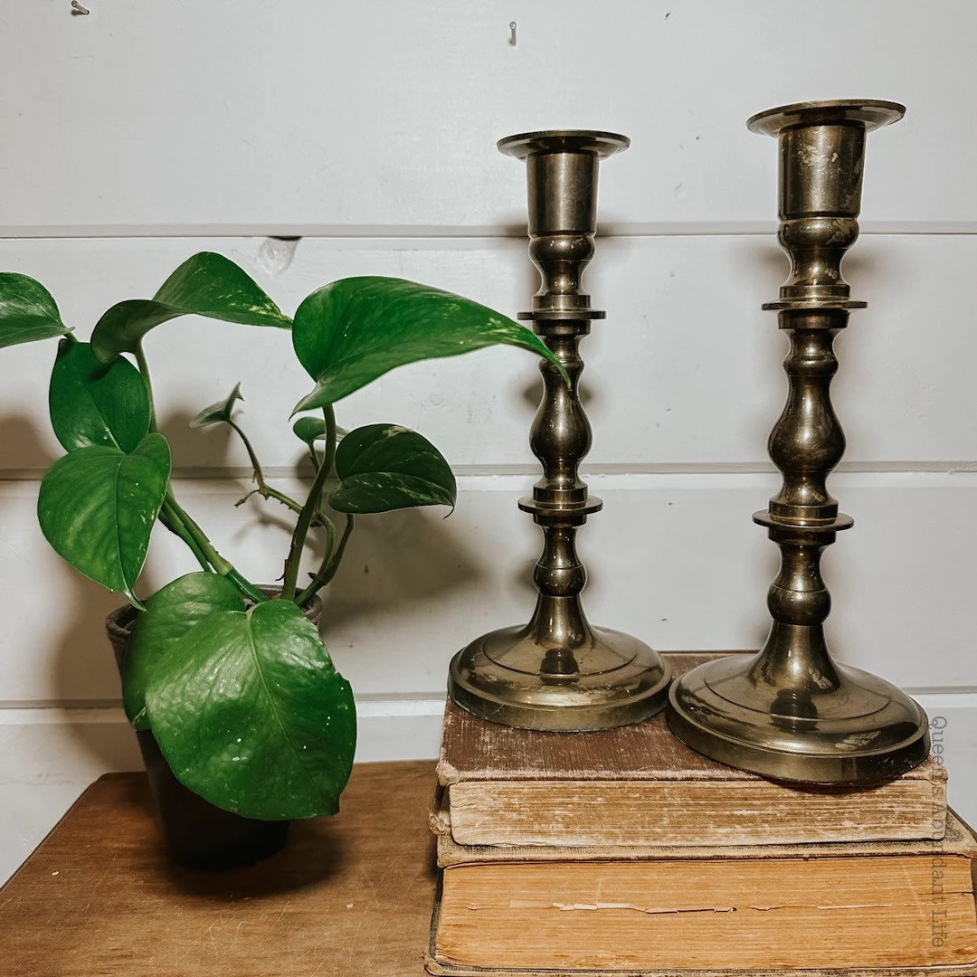 Vintage Set of 2 Tall Brass Candlestick Holders | Eclectic Decor, European Farmhouse, Cottage | Etsy (US)