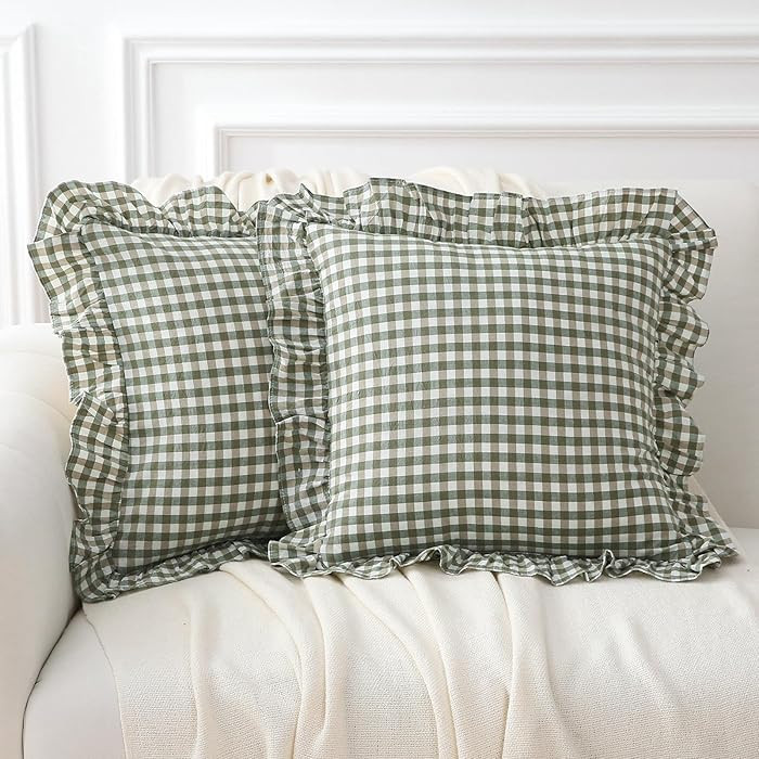 2 Pack Sage Green Plaid Ruffle Gingham Throw Pillow Covers, 100% Washed Cotton Checkered Farmhous... | Amazon (US)