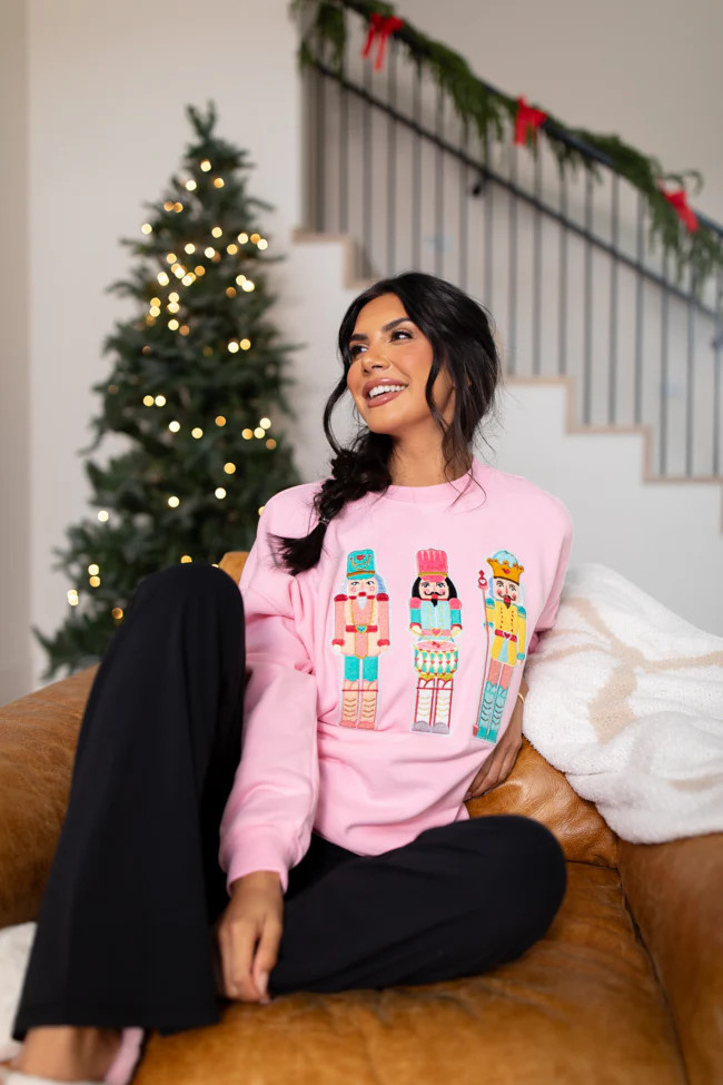 Nutcrackers Chenille Patch Light Pink Oversized Graphic Sweatshirt | Pink Lily