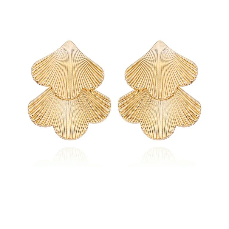 Time and Tru Women's Gold Tone Modern Textured Double Fan Art Deco Style Casting Drop Post Earrin... | Walmart (US)