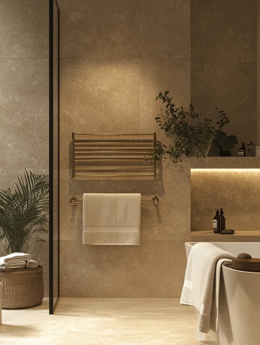 A beautiful multi-bar towel warmer instantly becomes the signature piece of a powder room—but even a simpler towel warmer in the same refined finish creates the same elevated effect. Whether you choose a statement design or a minimal version, the warm metallic tones paired with soft, neutral stone transform the space effortlessly.

This is one of those quiet luxury upgrades that feels both functional and indulgent. Clean lines, warm finishes, and thoughtful placement turn an everyday bathroom detail into something intentional, elegant, and timeless. Small change, major impact—your powder room instantly feels polished and design-forward. #PowderRoomDecor #TowelWarmer #BathroomDesign 

 #LTKHome