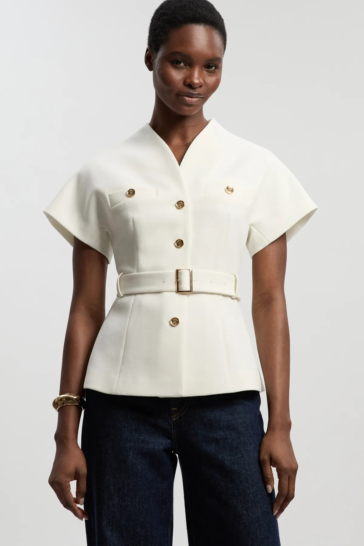 Ivory Textured Compact Stretch High Neck Belted Top | Karen Millen | Karen Millen UK + IE + DE + NL