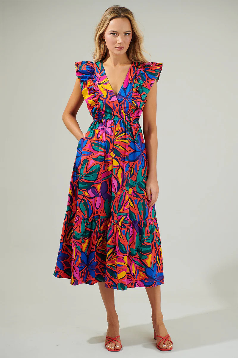 Rainbow Tropics Fairness Poplin Surplice Midi Dress | Sugarlips