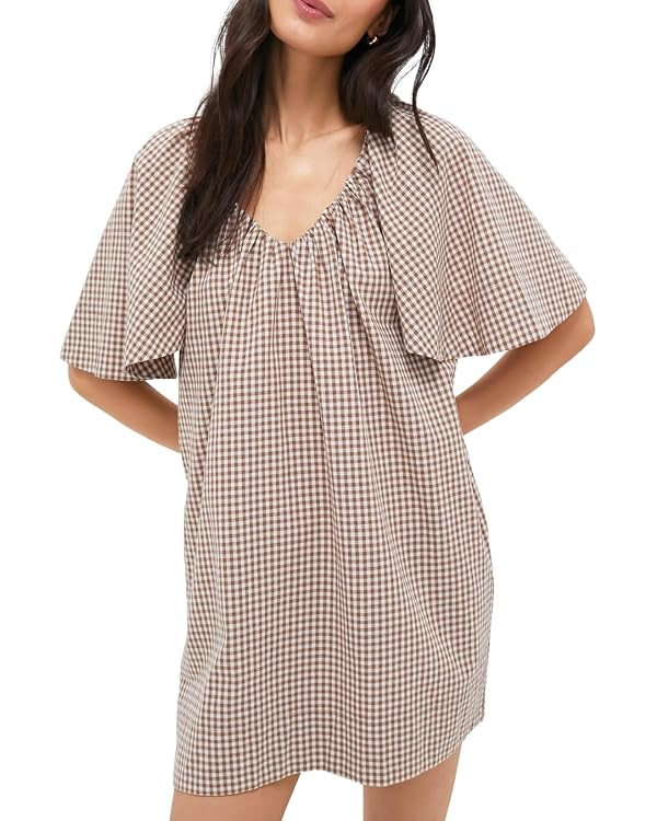 KEOMUD Women's Summer Mini Gingham Dress Casual V Neck A Line Plaid Dress with Flutter Sleeve | Amazon (US)