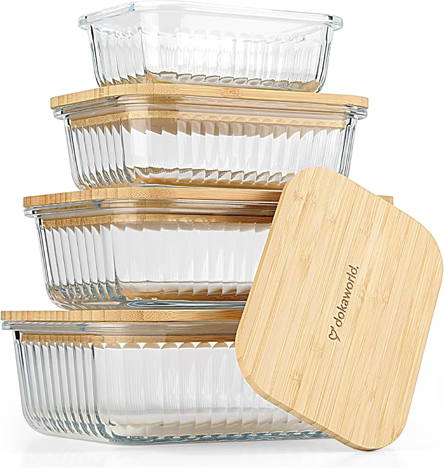 Ribbed Glass Tupperware Set with Bamboo Lids - 4 Stackable Meal Prep Containers. Durable heat res... | Amazon (US)