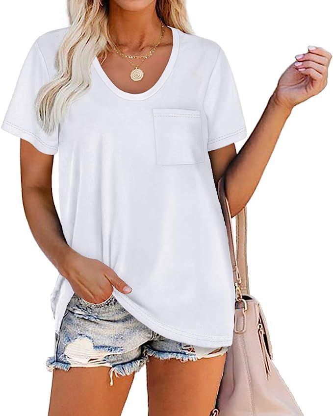 WIHOLL Women Summer T Shirts Short Sleeve Rounded V Neck Pocket Tee Tops | Amazon (US)