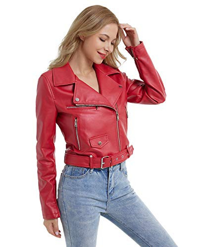 DIASHINY Red Faux Leather Jacket For Women With Belt PU Cropped Moto Biker Coat Motorcycle Crop Short Jacket 036 M | Amazon (US)