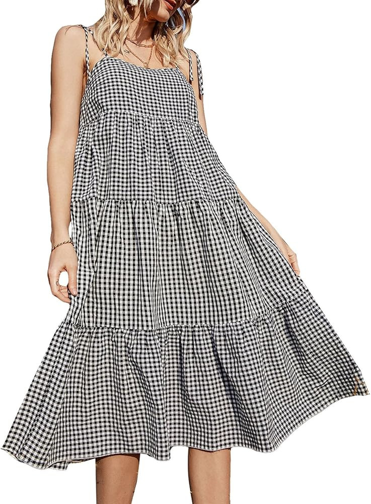 Floerns Women's Gingham Print Tie Shoulder Flowy Swing Shift Cami Midi Dress | Amazon (US)