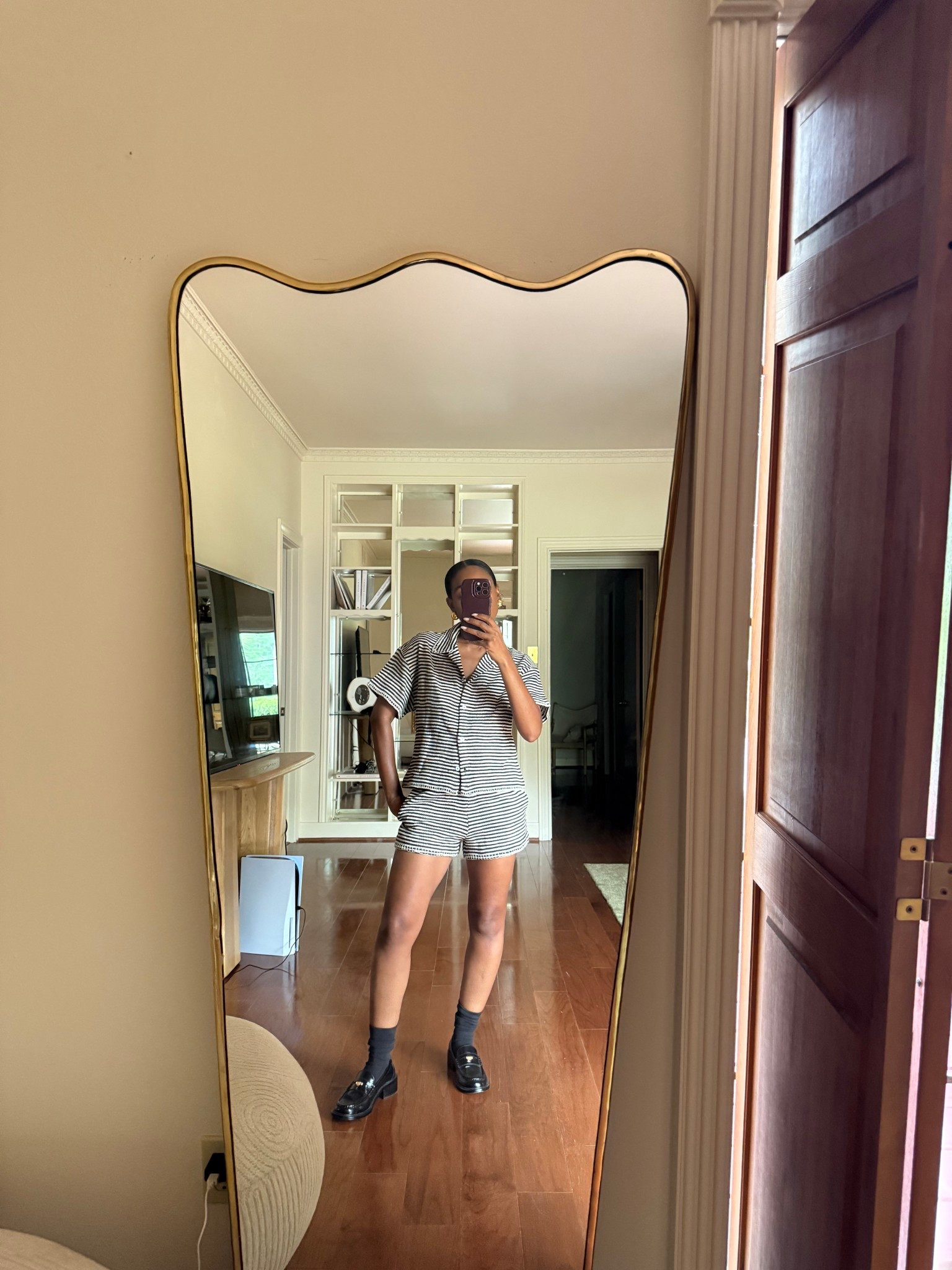 Crochet button down top with matching shorts, and black loafers 

#LTKStyleTip #LTKShoeCrush