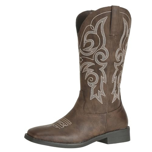 SheSole Women's Square Toe Western Cowgirl Cowboy Boots Mid Calf Embroidered Dark Brown UK Size 4 | Amazon (UK)