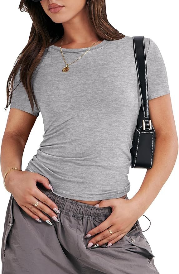 ANRABESS Women’s Short Sleeve Summer T Shirts Crew Neck Slim Fit Basic Tee Going Out Crop Tops ... | Amazon (US)