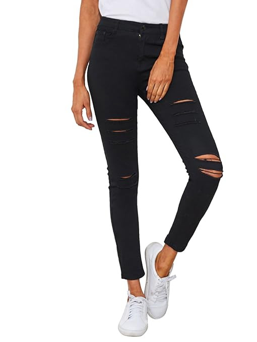 SweatyRocks Women's Casual High Waist Ripped Skinny Jeans Distressed Denim Pants | Amazon (US)