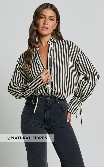 Cazie Shirt - Tie Cuff Long Sleeve Shirt in Black & Cream Stripe | Showpo (US, UK & Europe)