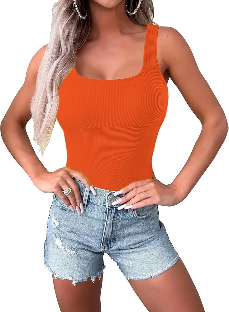 Women's Sleeveless Bodysuits Sexy Ribbed Seamless Square Neck Tank Tops 2025 Trendy Outfits One P... | Amazon (US)
