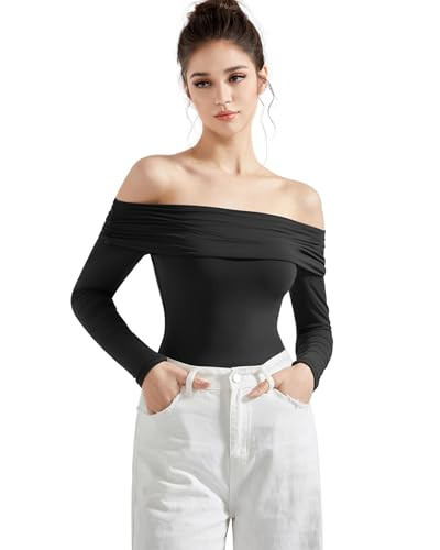 SUUKSESS Women Off Shoulder Bodysuit Double Lined Going Out Basic Tops Long Sleeve Thong Body suit Shirts (Black, L) | Amazon (US)