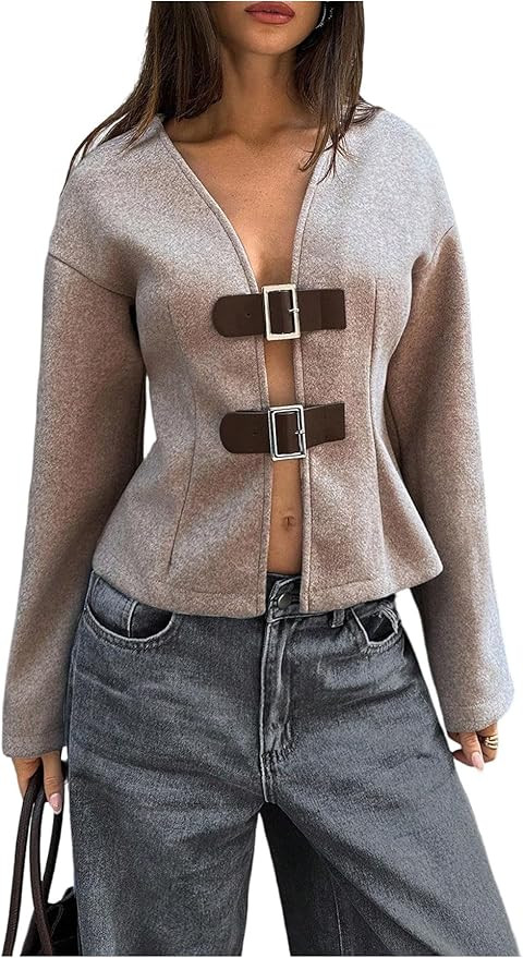 Verdusa Women's Buckle Slit Lightweight Jacket Elegant Outerwear Fall Clothes | Amazon (US)