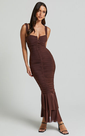 Kody Midi Dress - Bodycon Ruched Mesh Cut Out Dress in Chocolate | Showpo (US, UK & Europe)