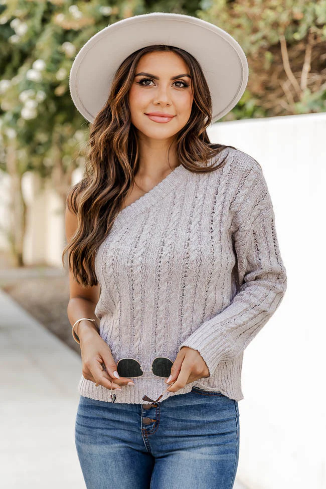 Make My Heart Race Taupe Cable Knit One Shoulder Sweater | Pink Lily